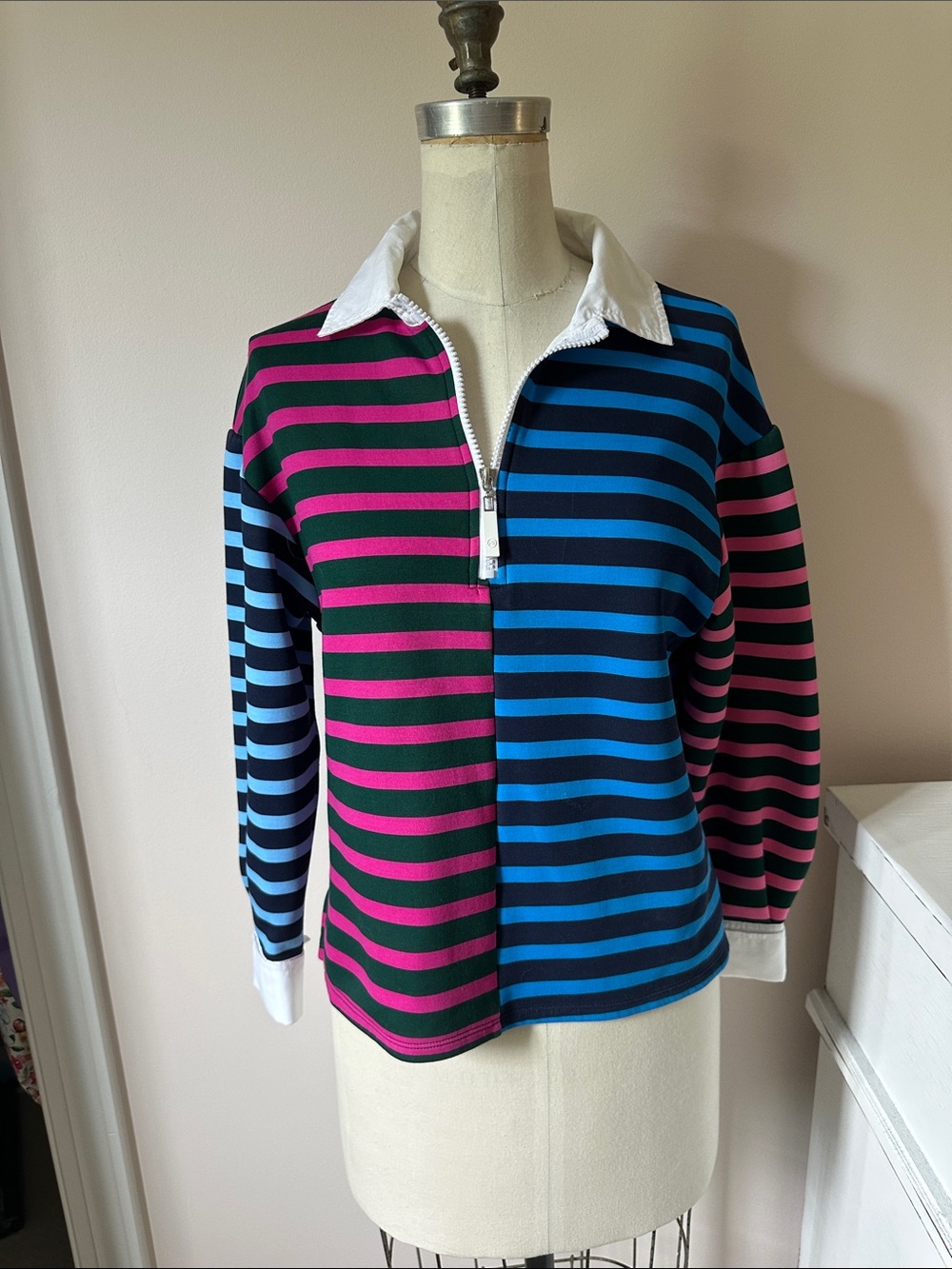 Addison Bay Black Striped Half-Zip Polo with Pink & Blue Stripes